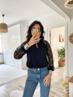 Kadın Uzun Kollu Göğüs Pencere Detay Yaka Boğazlı Kolları Tüllü Sandy Bluz - Görsel 6