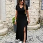 Kadın Kısa Kollu V Yakalı Maksi Boy Viskon Elbise