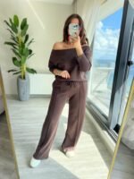 Kadın Uzun Kollu Tek Omuzdan Açık Modal Bluz Ve Pantolon Ikili Takım - Görsel 2