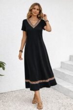 Kadın Kısa Kollu V Yakalı Etnik şerit Detaylı Uzun Viskon - Görsel 2