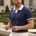 Erkek Renkli Yakalı File Desenli Kısa Kollu Tişört