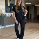 Kadın Kısa Kollu Bisiklet Yaka Viskon Iki Iplik Bluz Ve Pantolon Ikili Takım