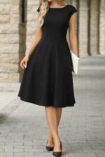 Kadın Yarım Ay Kollu Yakası Acık Kemersiz Midi Ithal Krep Elbise - Görsel 5