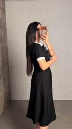 Kadın Polo Yaka Fermuar Detaylı Modal Midi Elbise - Görsel 3