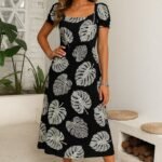 Kadın Kısa Kollu Geometrik Yaka Yırtmaçlı Puantiyeli Midi örme Krep Elbise