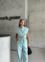 ÇİZGİLİ KETEN KOLSUZ CROP PANTOLON TAKIM - Yeşil