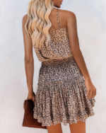 Kadın Askılı V Yaka Beli Pileli Leopar Desen Eteği Fırfırlı Süprem Elbise - Görsel 2