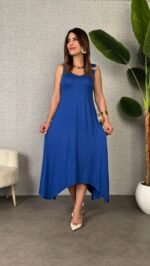 Kadın çan Dokuma Kumaş V Yaka Asimetrik Kesim Elbise - Görsel 4