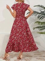 Kadın Kısa Kollu Kruvaze Yaka Beli Lastikli çiçek Desenli Elbise - Görsel 4