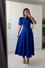 Kadın Kısa Balon Kollu Bisiklet Yaka Geniş Kesim Janjan Krep Elbise - Görsel 6