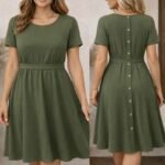 Kadın Kısa Kollu Yuvarlak Yaka Arkadan Düğmeli Viskon Midi Elbise - Görsel 3