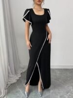 Kadın Kısa Kollu Kare Yakalı önden çapraz Kesim Detaylı Krep Elbise - Görsel 4