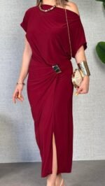 Kadın Kısa Kollu Tek Omuzdan Açık Beli Lastikli Sandy Maxi Elbise - Görsel 2