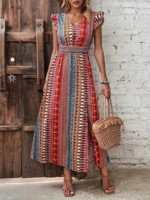 Kadın Kısa Kollu V Yakalı Desenli Yandan Yırtmaçlı Süprem Elbise - Görsel 3