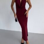 Kadın Boyun Aksesuarlı Halter Yaka Maxi Boy Sandy Kumaş Elbise