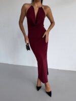 Kadın Boyun Aksesuarlı Halter Yaka Maxi Boy Sandy Kumaş Elbise