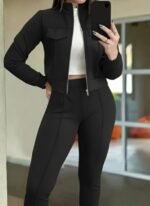 Kadın Uzun Kollu önden Fermuarlı Kısa Modal Ceket Ve Pantolon Ikili Takım - Görsel 2