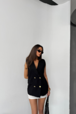 GOLD DÜĞMELİ KETEN YELEK - Siyah - Görsel 2