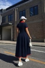 Kadın Kısa Kollu V Yakalı Pileli Uzun Janjan Krep Elbise - Görsel 4