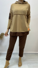 Kadın Kahve Kapşonlu Etek Ucu Detay Arma Ters Dikiş Gorunumlu Ikili Takım - Görsel 4