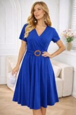 Kadın Kısa Kollu Kruvaze Yakalı önden Toka Detaylı Kısa Viskon Elbise - Görsel 2