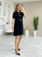 Kadın Kısa Kollu Bisiklet Yaka önden Fiyonk Detaylı Ithal Krep Elbise - Görsel 6