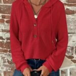 Kadın Uzun Kollu Kapşonlu önü Düğmeli Ve Bağcıklı Waffle Bluz