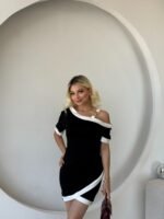 Kadın Kısa Kollu Asimetrik Kesim Yaka şerit Ve Aksesuar Detaylı Modal Elbise - Görsel 5