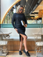 Kadın Uzun Kollu Düşük Omuz Yırtmaç Detay Kaşkorse Etek Bluz Ikili Takım - Görsel 4