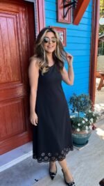 Kadın Kolsuz Etek Ucu Lazer Kesim çiçek Desenli Midi Boy Janjan Krep Elbise - Görsel 3