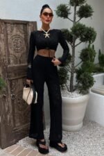 Göğüs Bağcık Detaylı Ajurlu Bluz Pantolon Takım 10098 - Görsel 6