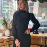 Kadın Balıkçı Yaka Transparan Detay Fırsat ürün Sandy Kumaş Mini Elbise