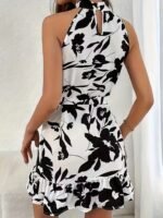 Kadın Omuzlardan Açık Balıkçı Yakalı Kuşaklı Desenli Kısa Süprem Elbise - Görsel 3