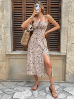 Kadın Ip Askılı Desenli Yırtmaçlı Süprem Midi Elbise - Görsel 5