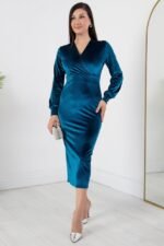 Kadın Kadife Kumaş Manşetli V Yaka Şık Kalem Elbise - Görsel 2