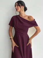 Kadın Omuzdan Açık Kısa Kollu Omuzdan Pileli Uzun Janjan Krep Elbise - Görsel 3