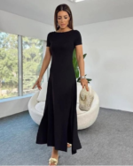 Kadın Kısa Kollu Sırt Dekolte Detay önü çift Yırtmaçlı Viskon Elbise - Görsel 5