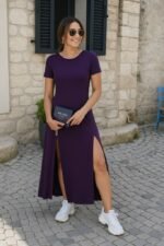 Kadın Kısa Kollu Sırt Dekolteli Yırtmaç Detaylı Viskon Elbise - Görsel 3