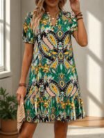 Kadın Kısa Kollu V Yakalı Desenli Kısa Süprem Elbise - Görsel 4