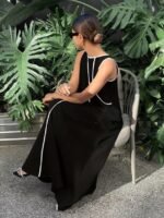 Kadın Omuzlardan Açık Yaka Ince şerit Detaylı Uzun Viskon Elbise - Görsel 4