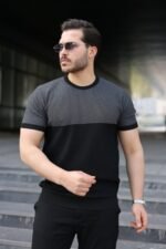 Erkek Renk Bloklu Bisiklet Yaka Kısa Kollu Triko Tişört