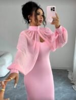 Kadın Balıkçı Yaka İnci Ve Tül Detay Dalgıç Kumaş Maxi Boy Elbise - Görsel 2