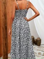 Kadın Ip Askılı Kruvazeli Yakalı Beli Lastikli Leopar Desenli Uzun Süprem Elbise - Görsel 3