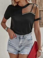 Kadın Kısa Kollu Tül Detaylı Taşlı Janjan Krep Bluz - Görsel 4