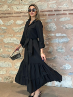 Kadın Uzun Kollu Eteği Fırfırlı Beli Kuşaklı Trikoton Tam Boy Gömlek Elbise - Görsel 9