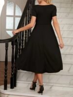 Kadın Kısa Kollu V Yakalı önden Pileli Midi Janjan Krep Elbise - Görsel 3