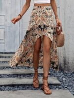 Kadın Yüksek Bel çiçek Desenli önü Asimetrik Detaylı Uzun Süprem Etek - Görsel 7