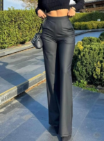 Kadın Yüksek Bel Cepli şardonlu Geniş Paçalı Mat Deri Pantolon - Görsel 3