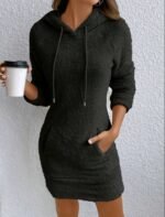 Kadın Uzun Kollu Kapşonlu Cepli Mini Peluş Elbise - Görsel 2