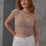 Puantiyeli Belden Oturtmalı Tül Krem Bluz